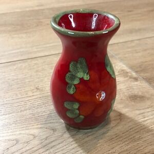 Vintage 4" Mini Italian Bud Vase Red Green Floral MCM Glazed Terra Cotta Jar